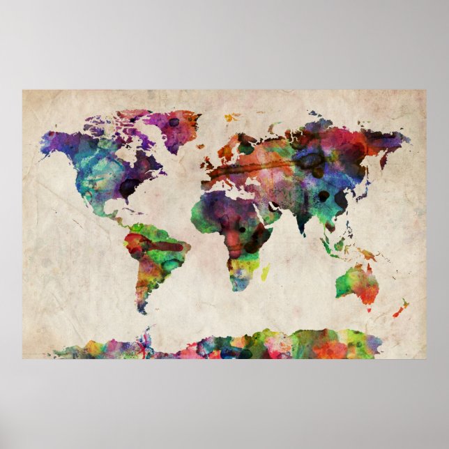 World Map Urban Watercolor Poster (Framsidan)