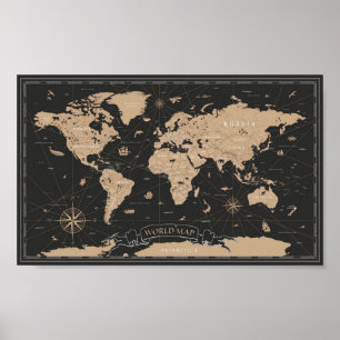World Map Vintage Black Golden Poster