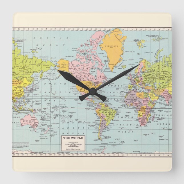 World Map Wall Clock Fyrkantig Klocka (Framsida)