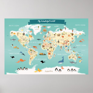 World Map with Animals and Landmarks för barn Poster