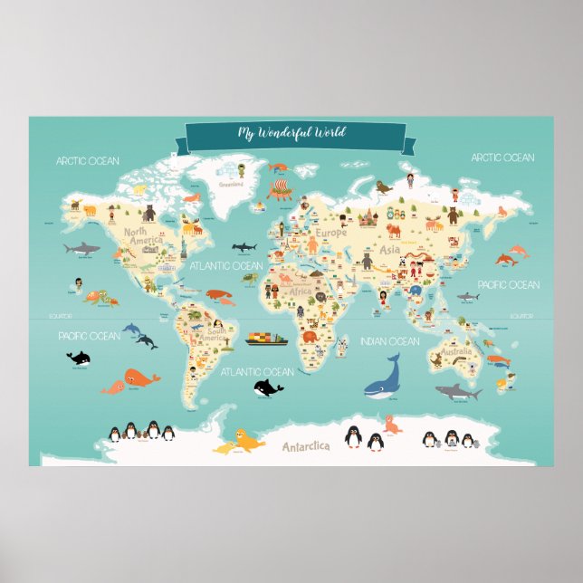 World Map with Animals and Landmarks för barn Poster (Framsidan)