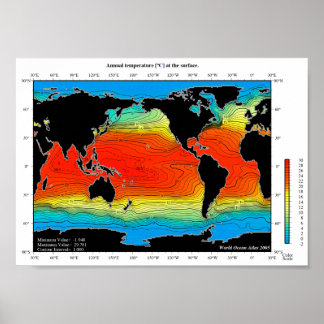 World Oceans Temperature Karta, Detailed - HD Post Poster