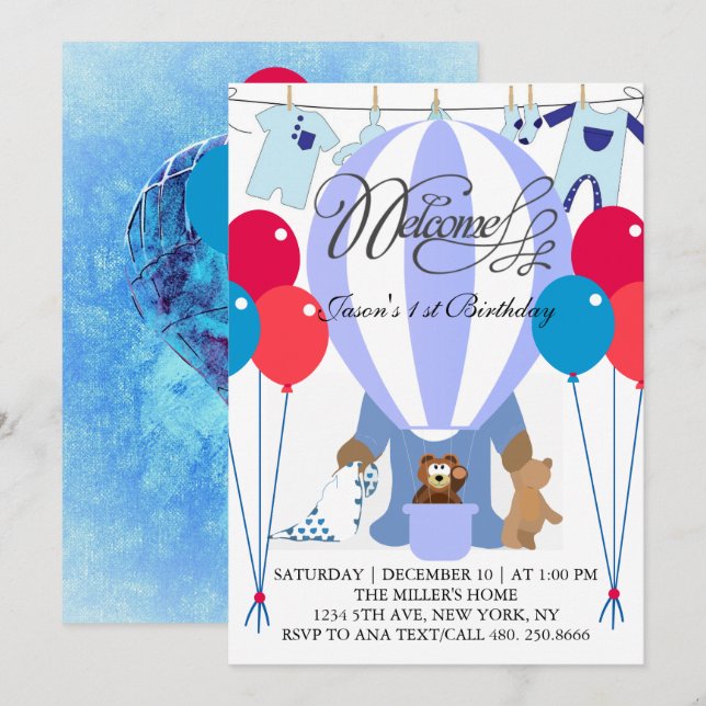 World of Blue Balloons First Birthday bjudande Inbjudningar (Fram/baksida)