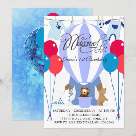 World of Blue Balloons First Birthday bjudande Inbjudningar