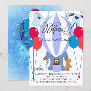 World of Blue Balloons First Birthday bjudande Inbjudningar