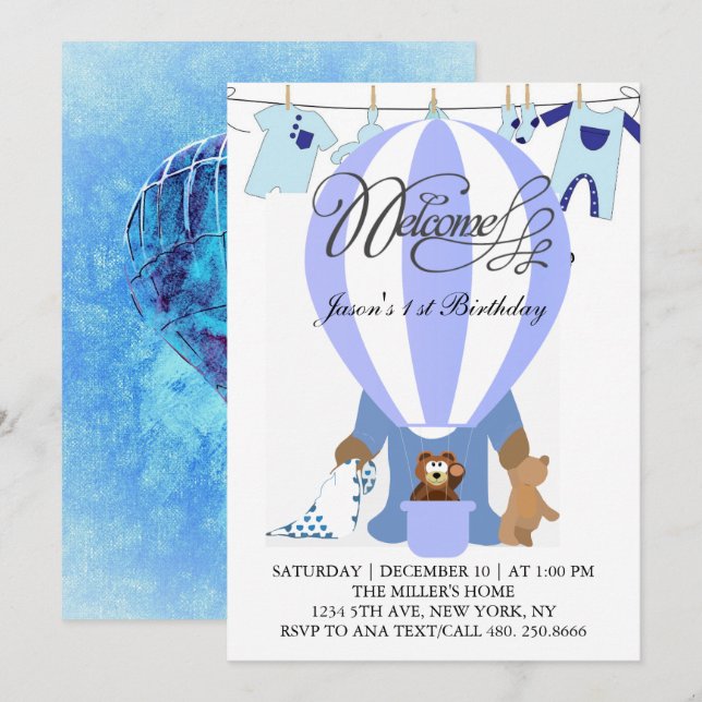 World of Blue Balloons First Birthday bjudande Inbjudningar (Fram/baksida)