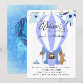 World of Blue Balloons First Birthday bjudande Inbjudningar