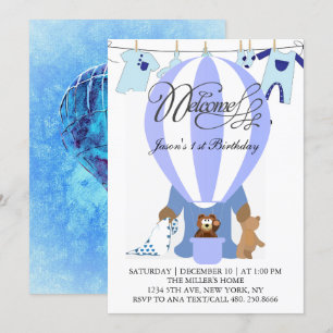 World of Blue Balloons First Birthday bjudande Inbjudningar