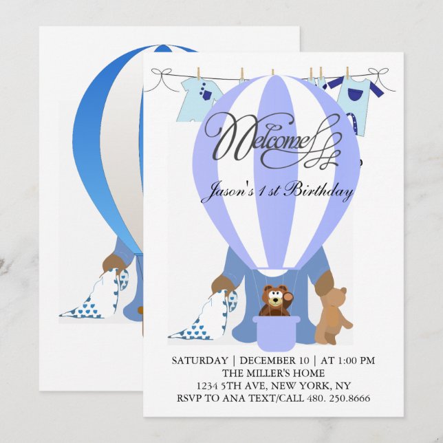 World of Blue Balloons First Birthday bjudande Inbjudningar (Fram/baksida)