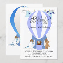 World of Blue Balloons First Birthday bjudande