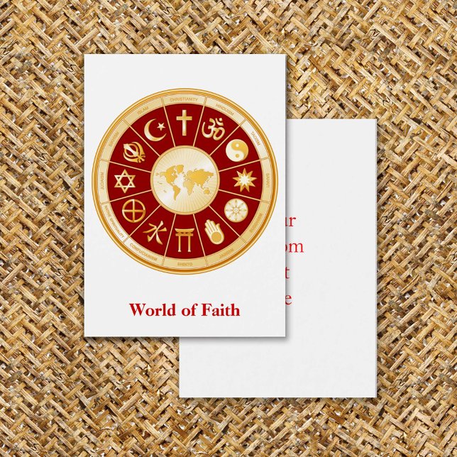 World of Faith Mighty Profile Card Visitkort (World of Faith Flat Greeting Card. Gold symbols of international religions surround a world map. )