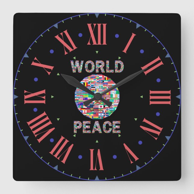 World Peace Flagga Collection Roman Numeral Fyrkantig Klocka (Framsida)