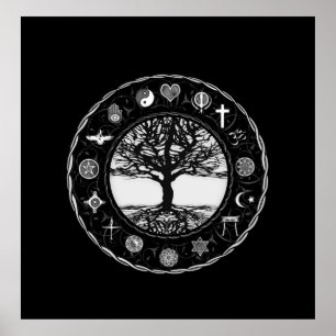 World Religions Black and White Träd Poster