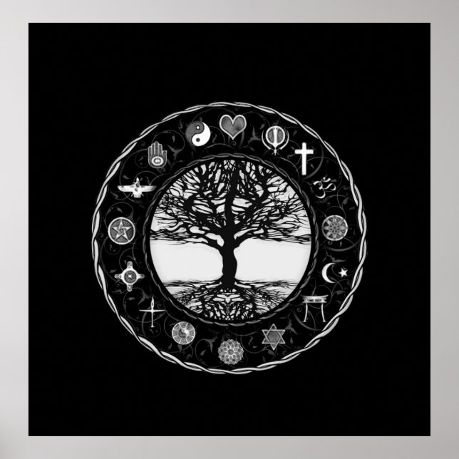 World Religions Black and White Träd Poster (Framsidan)
