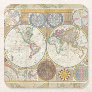 World Travel Karta Antique Vintage Underlägg Papper Kvadrat