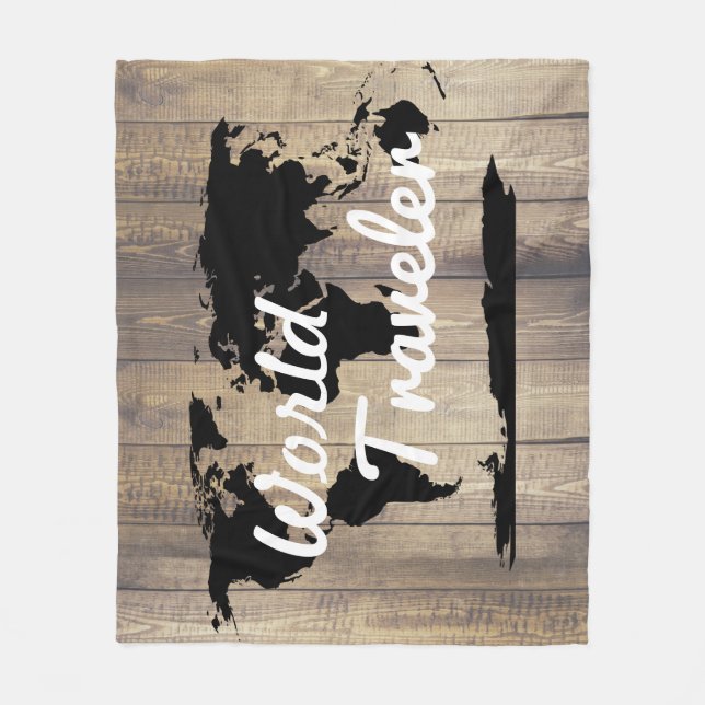 World Traveler Black World Map Light Wood Fleecefilt (Framsidan)
