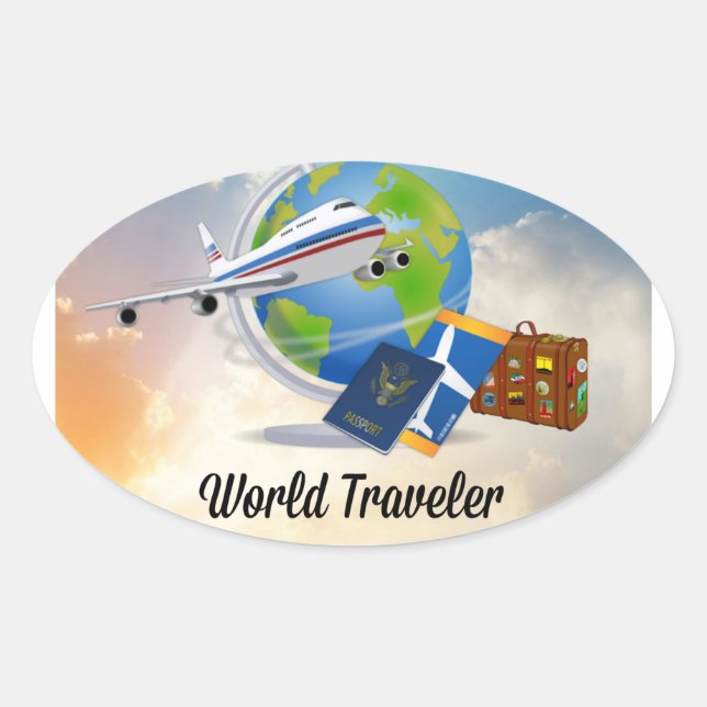 World Traveler, design 2 Ovalt Klistermärke (Front)