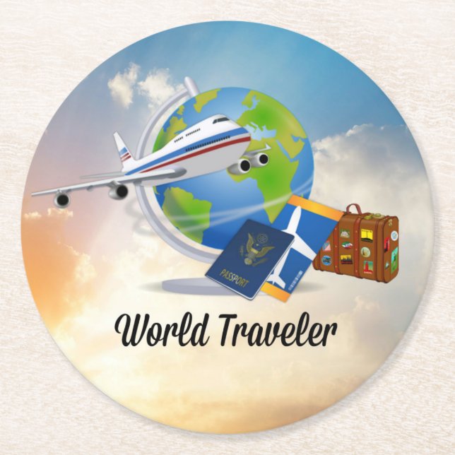 World Traveler, Design 2, Underlägg Papper Rund (Framsidan)