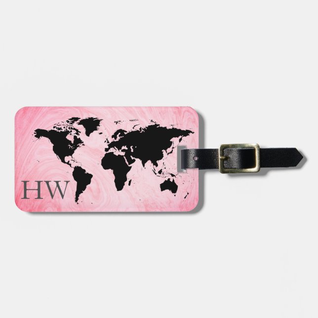 World Traveler Karta Marble Glitter monogram Namn Bagagebricka (Horisontell Framsida)