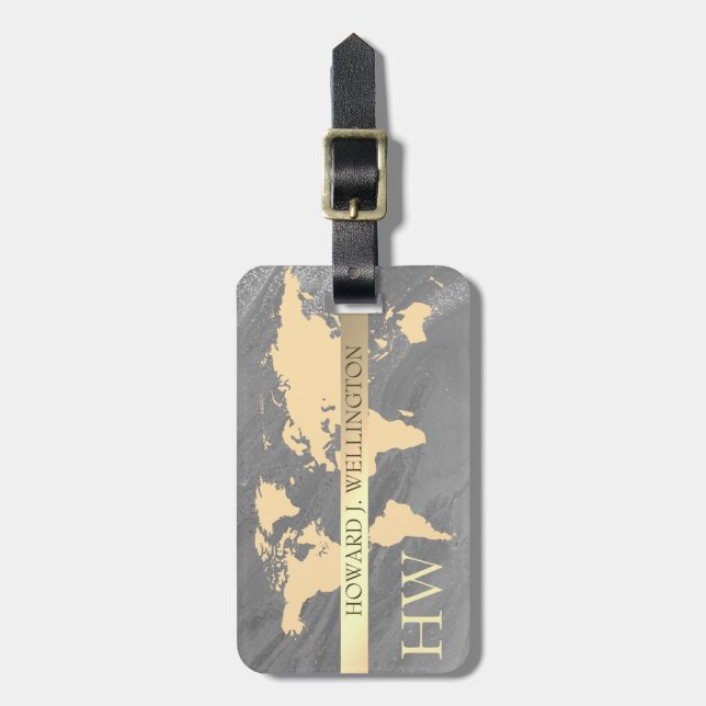 World Traveler Karta Marble Glitter monogram Namn Bagagebricka (Vertikal Framsida)