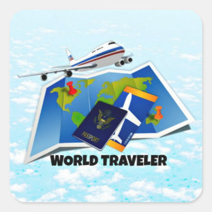 World Traveler - Karta, Passport och Biljett Fyrkantigt Klistermärke