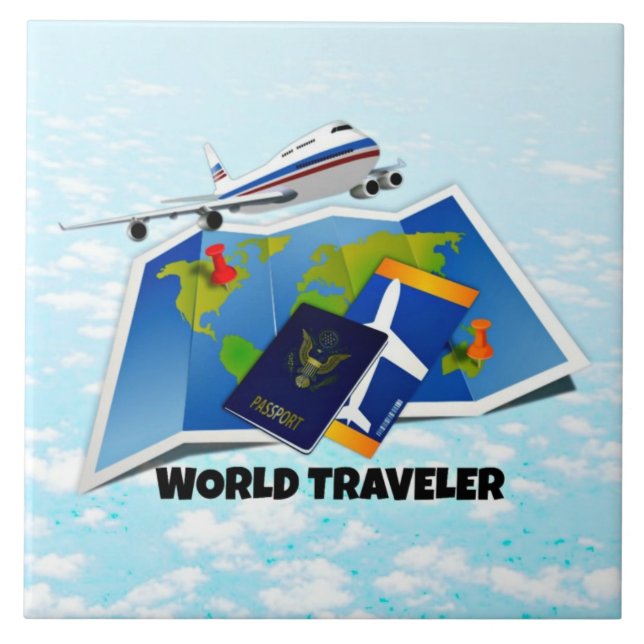 World Traveler - Karta, Passport och Biljett. Kakelplatta (Framsidan)