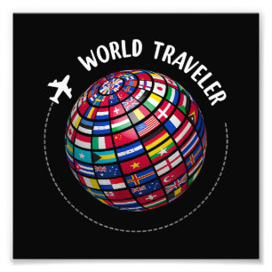World Traveler Karta, Världs flaggor Traveler, Cou Fototryck