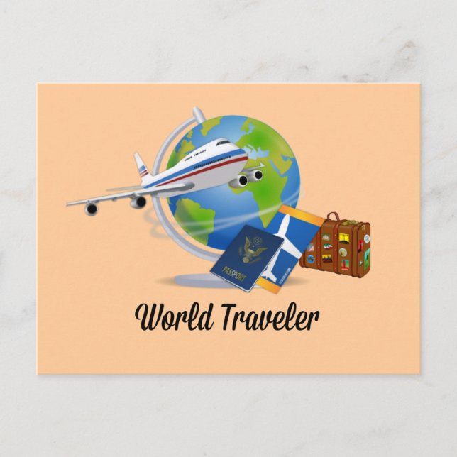 World Traveler. Syfte, biljett och pass. Vykort (Framsida)