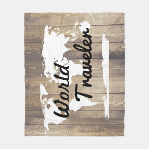 World Traveler White World Map Light Wood Fleecefilt