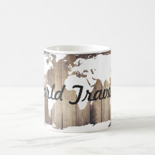 World Traveler White World Map Rustic Wood Kaffemugg