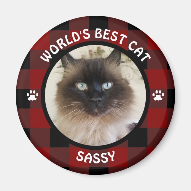 WORLDS BEST CAT Red and Black Buffalo Check Magnet (Framsidan)