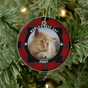 WORLDS BEST CAT Red Buffalo Check Personlig Julgransprydnad Keramik