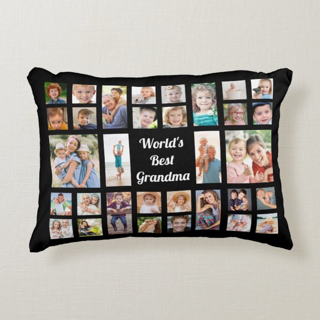 World's Best Grandma 32 Family Photo Collage Black Prydnadskudde (Framsidan)