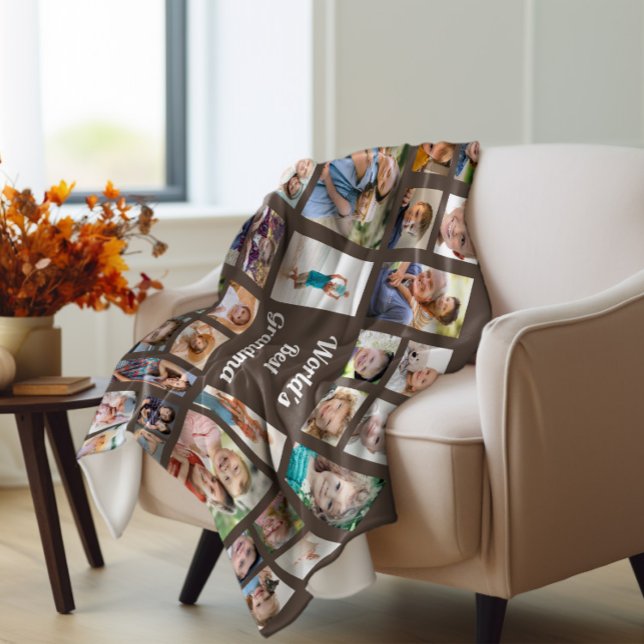 World's Best Grandma 32 Family Photo Collage Brown Fleecefilt (World's Best Grandma 32-photo fleece blanket)