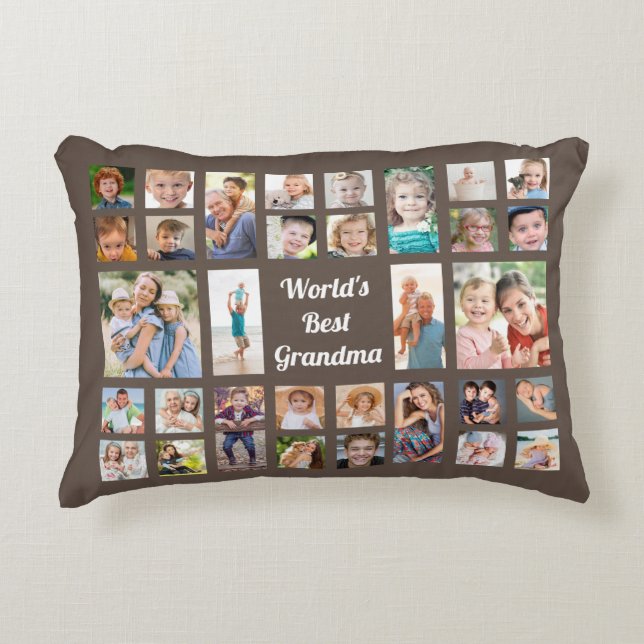 World's Best Grandma 32 Family Photo Collage Brown Prydnadskudde (Framsidan)