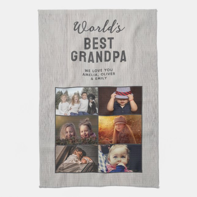 World's Best Grandpa Wood 6 Photo Collage Kökshandduk (Vertikal)