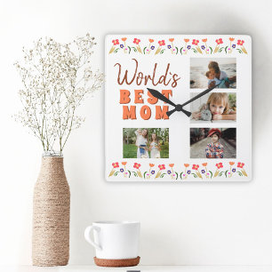 World's Best Mamma Flowers Blommigt Mor's Day Phot Fyrkantig Klocka