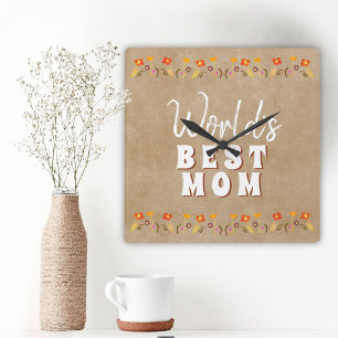 World's Best Mamma Flowers Blommigt Rustic Beige Fyrkantig Klocka