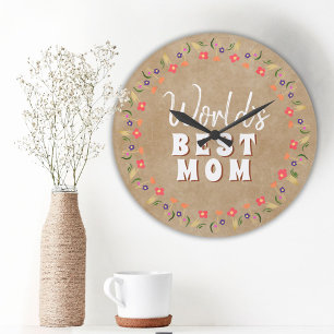 World's Best Mamma Flowers Blommigt Rustic Beige Stor Klocka