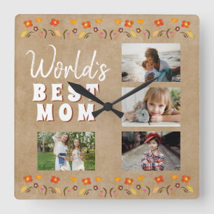 World's Best Mamma Flowers Blommigt Rustic Photo Fyrkantig Klocka