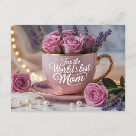 World's Best Mom: Pink Teacup Filled with Roses Vykort