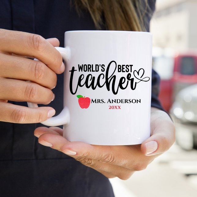 Worlds Best Teacher Glitter Red Apple Personlig Kaffemugg (Skapare uppladdad)