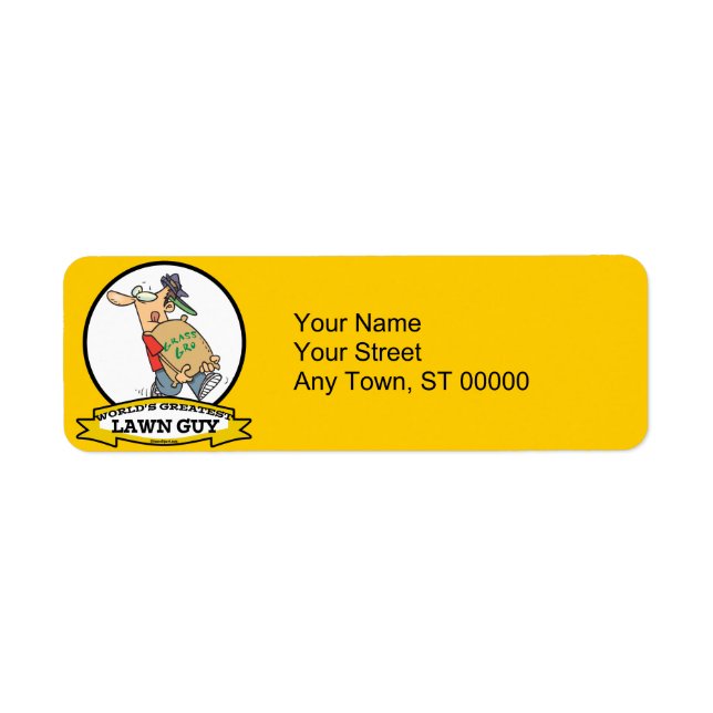 WORLDS GREATEST GRÄSMATTA GUY MANAR TECKNAD RETURADRESS ETIKETT (Framsidan)