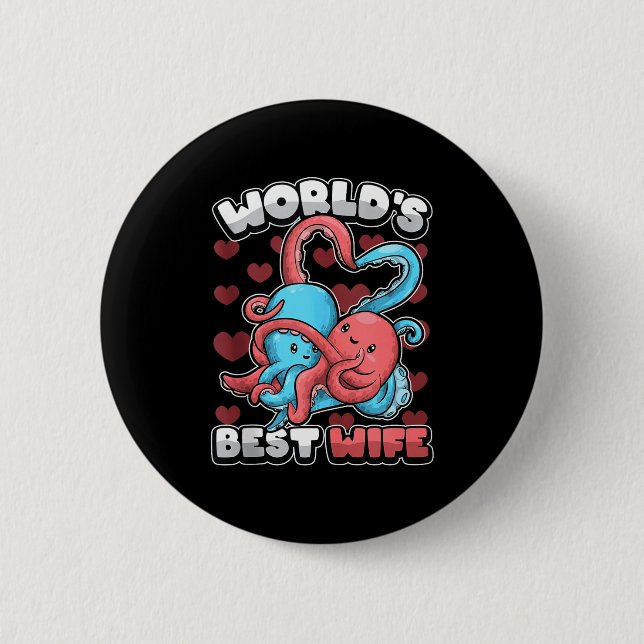 World's Wife Cute Kawaii Octopus Heart Cute Couple Knapp (Framsida)