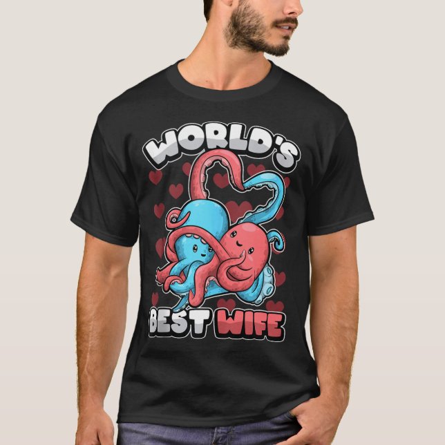World's Wife Cute Kawaii Octopus Heart Cute Couple T Shirt (Framsida)
