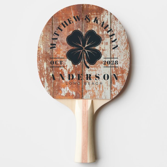 Worn Barn Wood Irish Lucky Clover Wedding Crest Pingisracket (Framsidan)