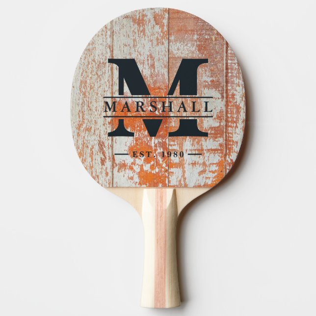 Worn Barn Wood Monogram & Name Overlay Pingisracket (Baksidan)
