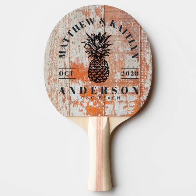 Worn Barn Wood Tropical Pineapple Wedding Crest Pingisracket (Baksidan)