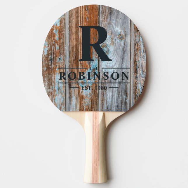 Worn Blue Wash Wood Family Name & Initial Pingisracket (Framsidan)