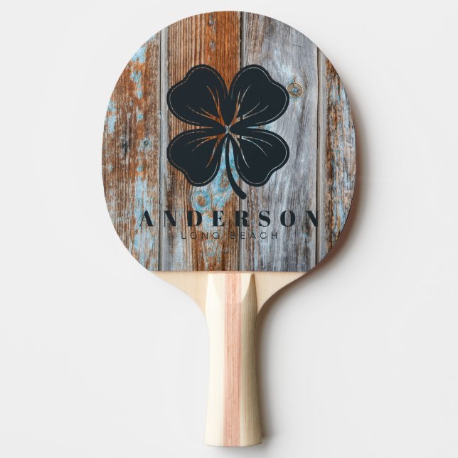 Worn Blue Wash Wood Four Leaf Clover with Name Pingisracket (Framsidan)